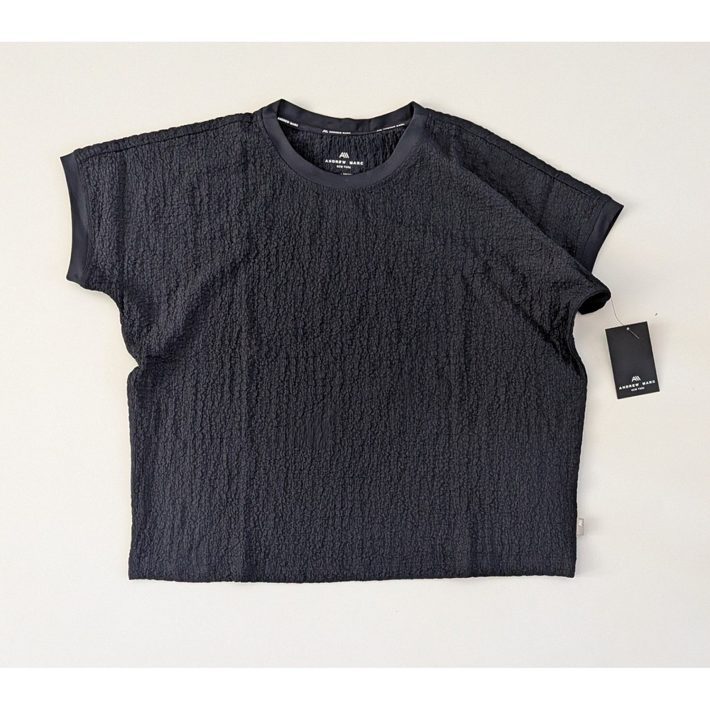 Andrew Marc New York Womens Navy Crinkle Texture Short Sleeve Crew Neck Top M